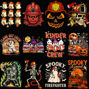 Peut inclure: Une collection de douze motifs graphiques sur le thème d'Halloween représentant des fantômes, des squelettes et des citrouilles portant des casques de pompier. Les illustrations incluent des camions de pompiers, des lances et du texte.