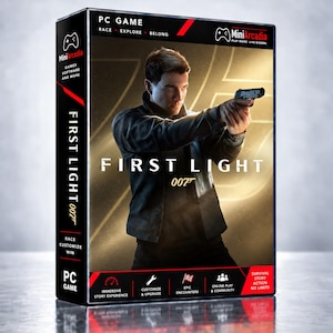 Puede incluir: Una caja de juego para PC de First Light 007 con una persona con chaqueta oscura sosteniendo una pistola. El empaque negro y dorado muestra el logo de MiniArcadia, el texto Race, Explore, Belong e iconos de historia inmersiva y juego en línea.