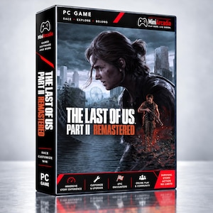 Könnte beinhalten: Eine PC-Spielehülle für The Last of Us Part II Remastered mit einer düsteren, postapokalyptischen Stadtszene und einer Figur im Vordergrund. Die schwarze Box enthält das MiniArcadia-Logo, den Spieletitel und Symbole für Funktionen wie immersive Story, Anpassung, epische Begegnungen und Online-Spiel.
