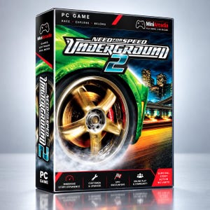 以下が含まれることがあります： Need for Speed Underground 2のPCゲームパッケージ。都市のスカイラインを背景に、回転する緑色の車のホイールが描かれています。MiniArcadiaのロゴ、Race Explore Belongの文字、ストーリー体験、カスタマイズ、オンラインプレイを示すアイコンが記載されています。
