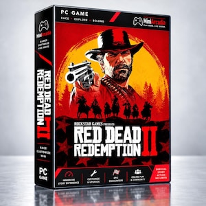 Könnte beinhalten: Eine PC-Spieleschachtel für Red Dead Redemption II mit einer zentralen Illustration eines Mannes mit Hut, der einen Revolver vor einer gelben Sonne hält. Das rote Cover zeigt den Titel, das Rockstar Games Logo und das MiniArcadia Branding mit Symbolen für Story, Anpassung und Online-Spiel.