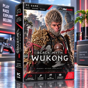 Könnte beinhalten: Eine PC-Spieleschachtel von Black Myth Wukong mit einer zentralen Figur mit Fell und verzierter goldener Rüstung. Das Cover zeigt den Titel, den Text Journey Beyond Mortality und das MiniArcadia-Branding. Die Schachtel hebt Funktionen wie Action hervor.