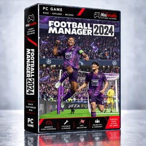 Puede incluir: Una caja de juego para PC de Football Manager 2024 con un futbolista vestido de morado celebrando un gol en la portada. La caja incluye el logotipo de MiniArcadia, el título del juego e iconos de experiencia narrativa, personalización y juego en línea.