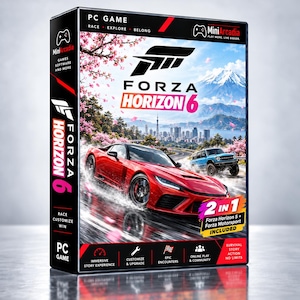 May include: A PC game box for Forza Horizon 6 featuring a red sports car driving on a road with cherry blossoms and a mountain in the background. The box includes a 2 in 1 label for Forza Horizon 5 and Forza Motorsport, with MiniArcadia branding.