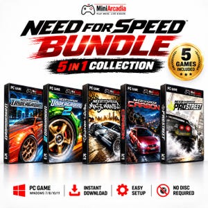 Könnte beinhalten: Ein Need for Speed 5-in-1 PC-Spiele-Bundle mit fünf Spielehüllen: Underground, Underground 2, Most Wanted, Carbon und ProStreet. Die Sammlung enthält ein goldenes 5 games included-Abzeichen, MiniArcadia-Branding sowie Symbole für Sofort-Download, einfache Einrichtung und kein Datenträger erforderlich.
