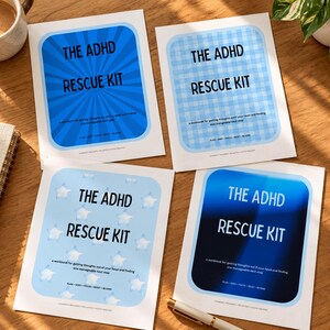May include: Four printed workbooks titled The ADHD Rescue Kit, each featuring a unique blue cover design: one with sunburst lines, one with a light blue gingham pattern, one with a star pattern, and one with a solid dark blue gradient background.