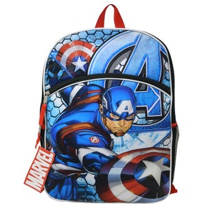 May include: A blue and red backpack with a Captain America design. The backpack features a large image of Captain America in his iconic blue and red suit, holding his shield. The backpack also has the Marvel logo on the side.