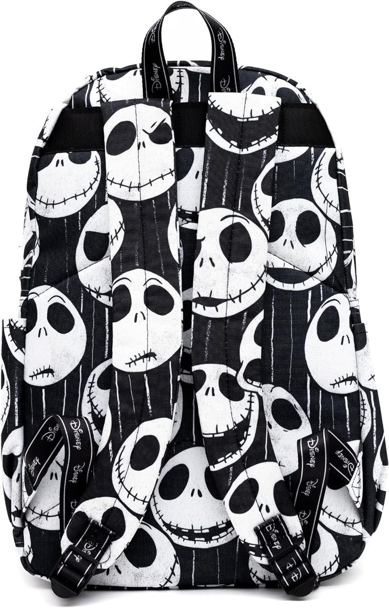 May include: Black backpack with a white and black pattern of Jack Skellington's face from The Nightmare Before Christmas. The backpack has adjustable straps with the Disney logo.