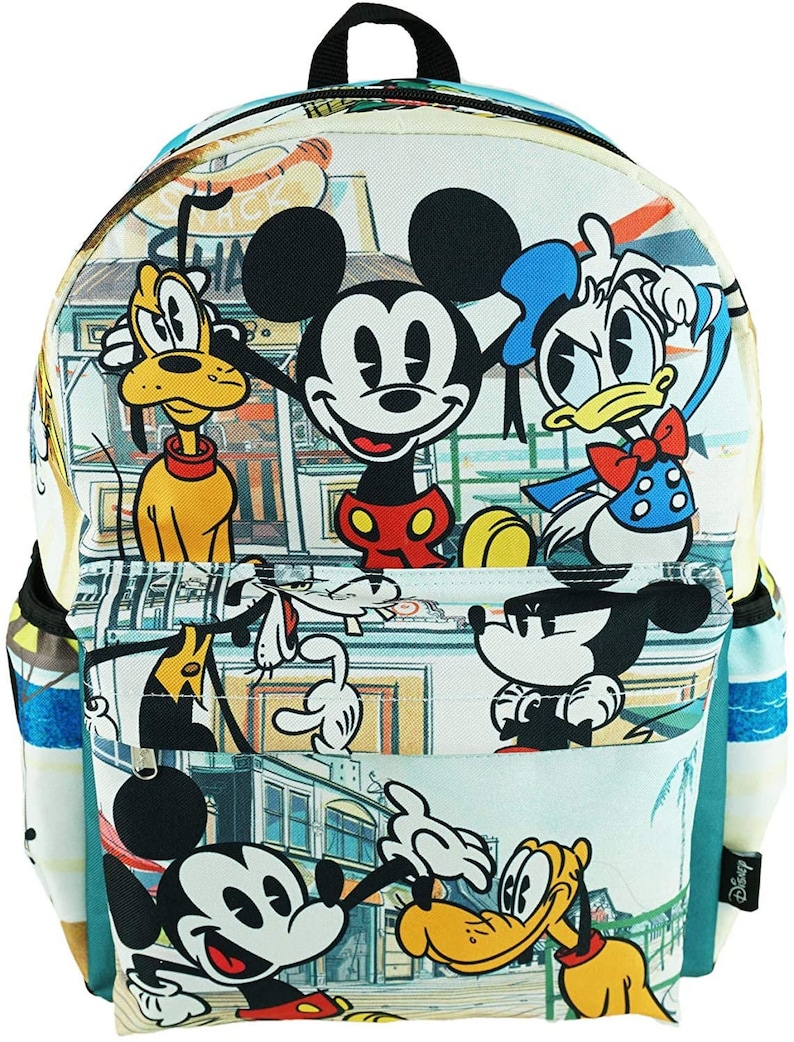 May include: A multi-colored backpack featuring Mickey Mouse, Donald Duck, and Pluto. The backpack has a blue, green, and white background with a cartoon cityscape. The text "Disney" is visible in the lower right corner.