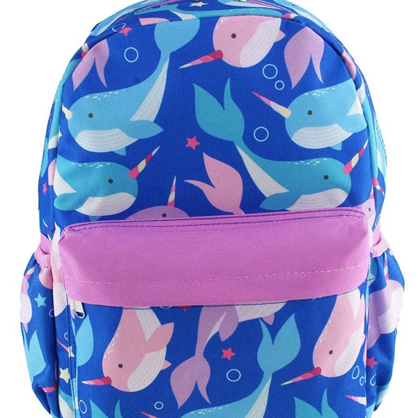 Personalized 16 inch Blue/Pink Narwhale All Over Print Deluxe Backpack with Laptop Compartment