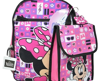 Personalized 16" Disney Minnie Mouse 4 pcs Combo Set includes backpack Lunch Bag Key Chain and Carabiner