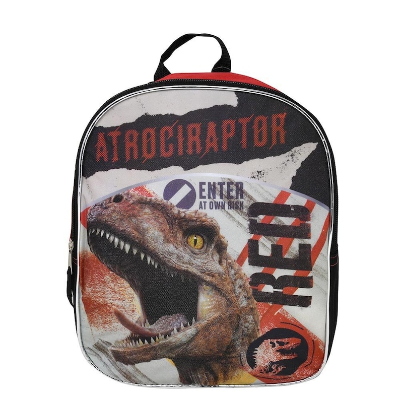 May include: Red and black backpack with a graphic of a dinosaur with the text "ATROCIRAPTOR" and "ENTER AT OWN RISK".