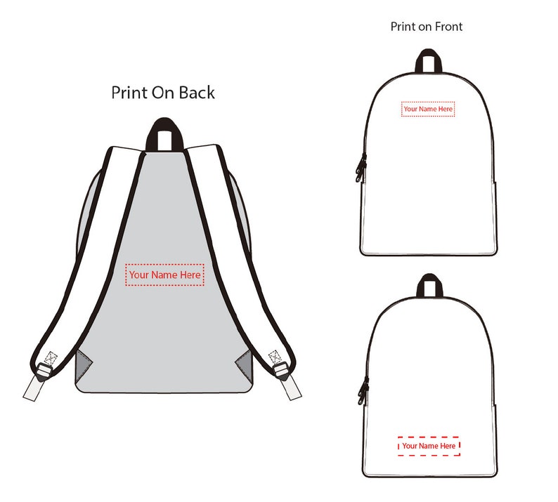 May include: A white backpack with black straps and a zipper. The backpack has two areas for personalization, one on the front and one on the back. The text "Your Name Here" is shown in red on both areas.