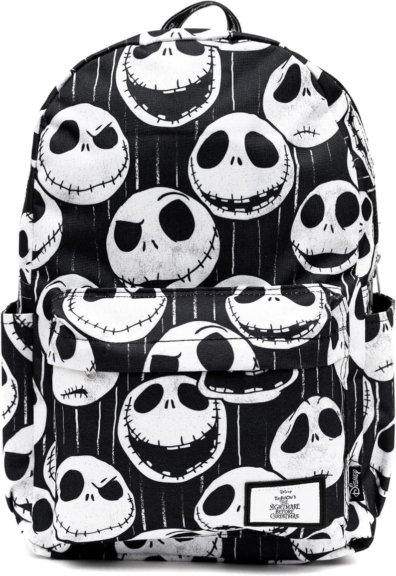 May include: Black canvas backpack with a repeating pattern of white Jack Skellington faces from the movie The Nightmare Before Christmas. The backpack has a black zipper and a black adjustable strap. The backpack has a small black label with the text "Disney's The Nightmare Before Christmas" on it.