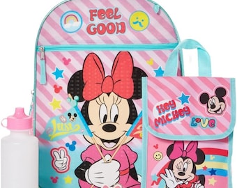 Gepersonaliseerde 16" Disney Minnie Mouse Feel Good rugzak-lunchset inclusief rugzak-lunchtas, waterfles, sleutelhanger en karabijnhaak