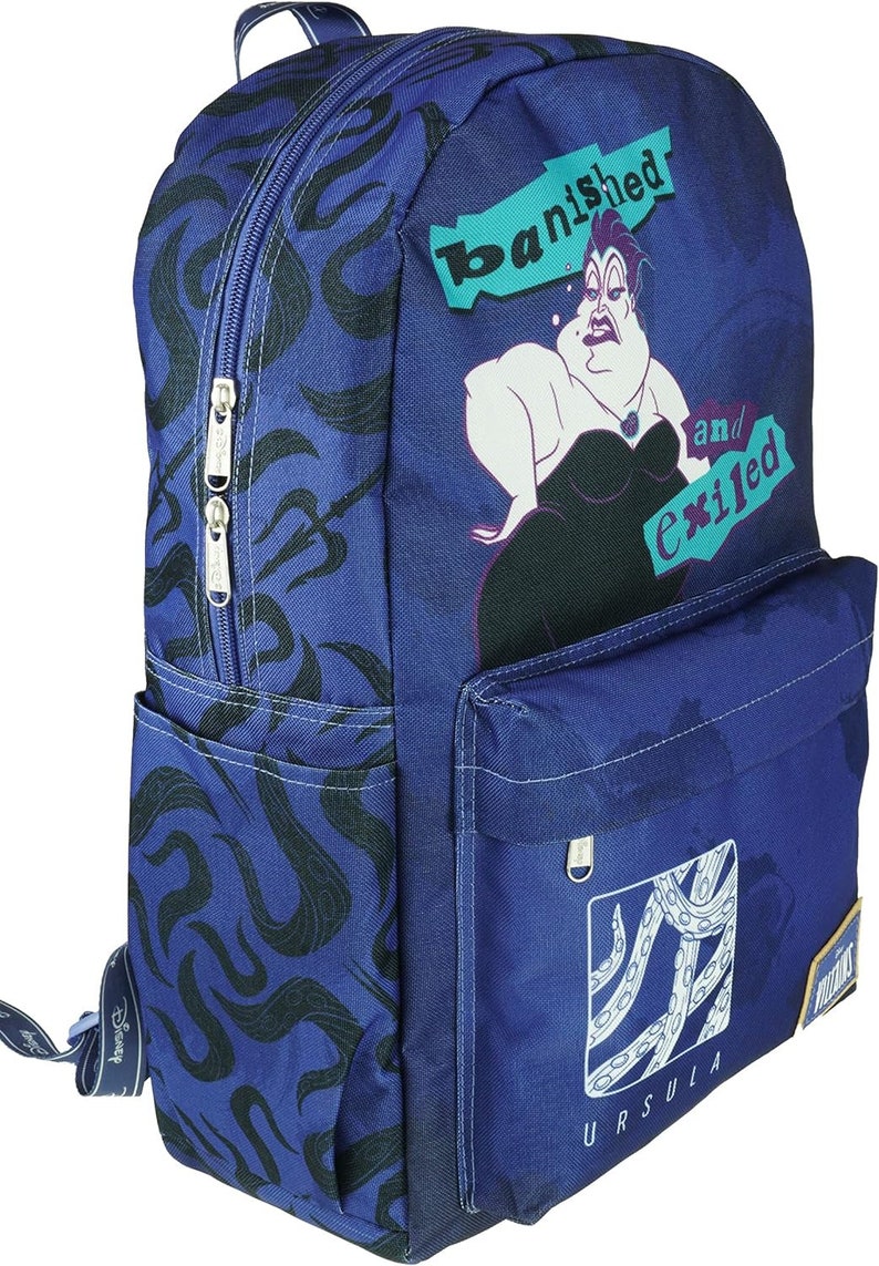 May include: A blue backpack with a black and white print of Ursula from Disney's The Little Mermaid. The backpack has a large pocket on the front with a zipper and a smaller pocket on the side. The text "banished and exiled" is printed on the front of the backpack.