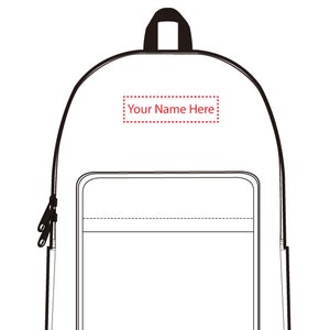 Puede incluir: Un esquema en blanco y negro de una mochila con una cremallera y un &aacute;rea rectangular en la parte delantera que dice "Your Name Here" en texto rojo.