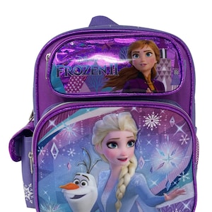 May include: Purple Frozen II backpack with a front pocket featuring Anna and Elsa from the movie. The main compartment has a large image of Elsa and Olaf.