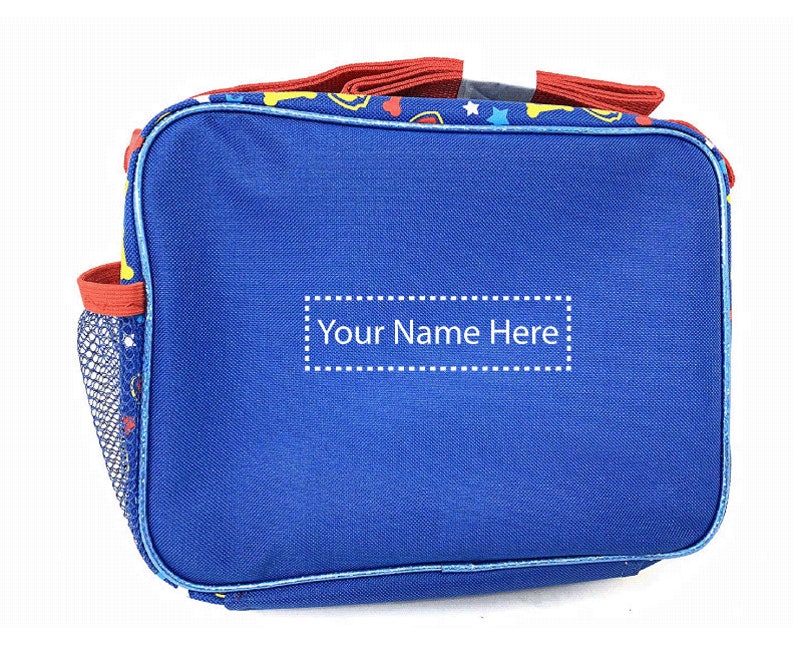May include: Blue lunch bag with a mesh side pocket and a white label that says "Your Name Here". The bag has a red, yellow, and blue pattern.