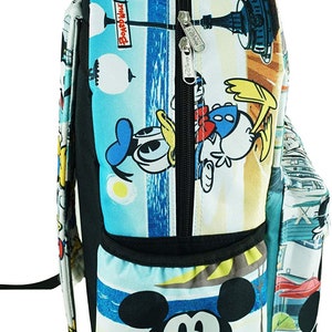May include: A blue and white backpack with a beach scene featuring Mickey Mouse, Donald Duck, and Goofy. The backpack has a black zipper and a black handle. The text "Boardwalk" is printed on the backpack.