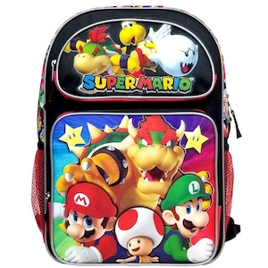May include: A black Super Mario backpack with a red mesh pocket on the side. The front of the backpack features a colorful image of Mario, Luigi, Toad, Bowser, and a Boo.