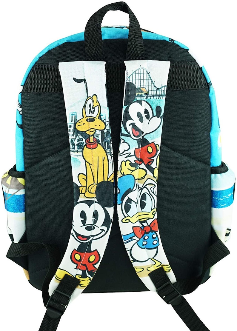 May include: A blue and white backpack with a black zipper and straps. The backpack features a cartoon image of Mickey Mouse, Donald Duck, and Pluto. The image is on a white background with a blue and white border.
