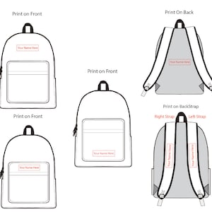 Puede incluir: Una mochila blanca con una cremallera negra y una correa negra. La mochila tiene un bolsillo grande en la parte delantera con un bolsillo m&aacute;s peque&ntilde;o encima. El texto "Your Name Here" est&aacute; impreso en rojo en el bolsillo delantero. La mochila tambi&eacute;n tiene un bolsillo en la parte posterior con el mismo texto impreso en rojo. La mochila tiene dos correas que se pueden personalizar con el texto "Your Name Here" impreso en rojo.