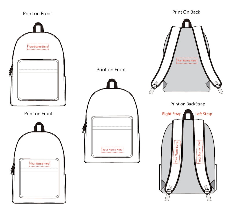 Puede incluir: Una mochila blanca con una cremallera negra y una correa negra. La mochila tiene un bolsillo grande en la parte delantera con un bolsillo m&aacute;s peque&ntilde;o encima. El texto "Your Name Here" est&aacute; impreso en rojo en el bolsillo delantero. La mochila tambi&eacute;n tiene un bolsillo en la parte posterior con el mismo texto impreso en rojo. La mochila tiene dos correas que se pueden personalizar con el texto "Your Name Here" impreso en rojo.