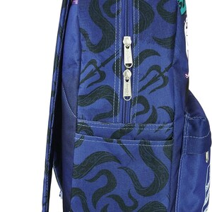 May include: A blue backpack with a black and white wave pattern. The backpack has a zippered pocket on the side and a Disney logo on the strap.