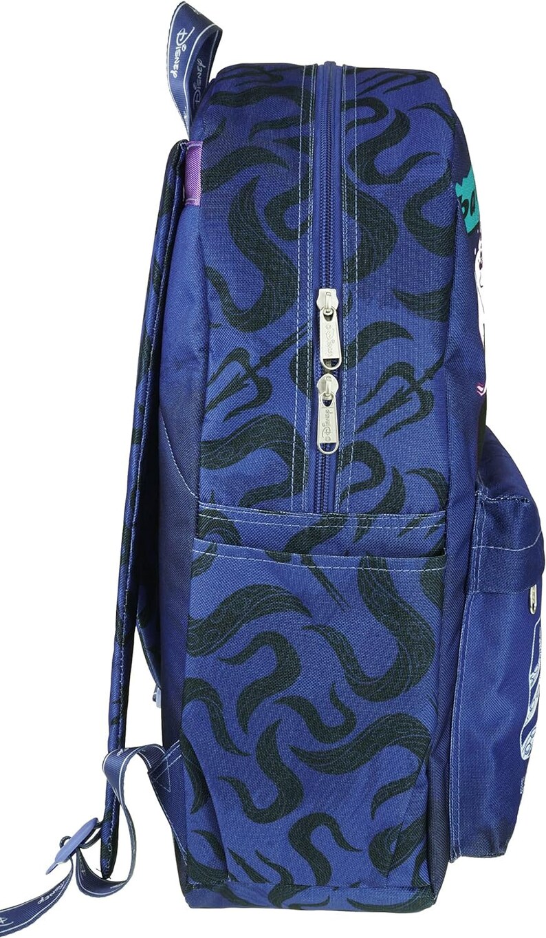 May include: A blue backpack with a black and white wave pattern. The backpack has a zippered pocket on the side and a Disney logo on the strap.