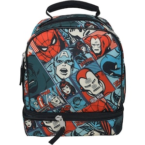 May include: A black lunch bag with a double zipper closure. The bag is decorated with a colorful collage of Marvel superhero characters, including Spider-Man, Captain America, Iron Man, Thor, Black Widow, and Black Panther.