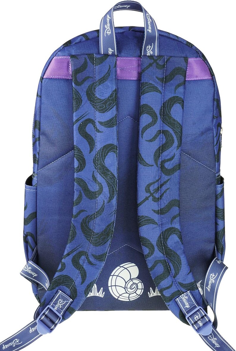 May include: A blue backpack with a black and white print of waves and a seashell. The backpack has purple straps and a white "Disney" logo on the straps.