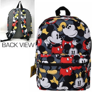 May include: A black backpack with a gray background and a repeated pattern of Mickey Mouse in red, yellow, and black. The backpack has a zippered pocket on the front and two adjustable straps.