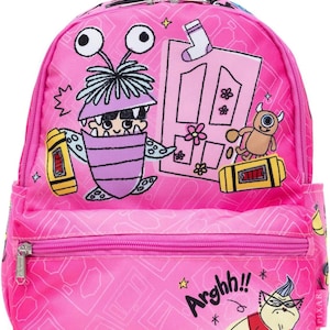 May include: Pink backpack featuring characters from the Pixar movie Monsters, Inc. The backpack has a front zippered pocket and a top handle. The design includes Boo, Mike Wazowski, and other characters. The backpack has a repeating geometric pattern.