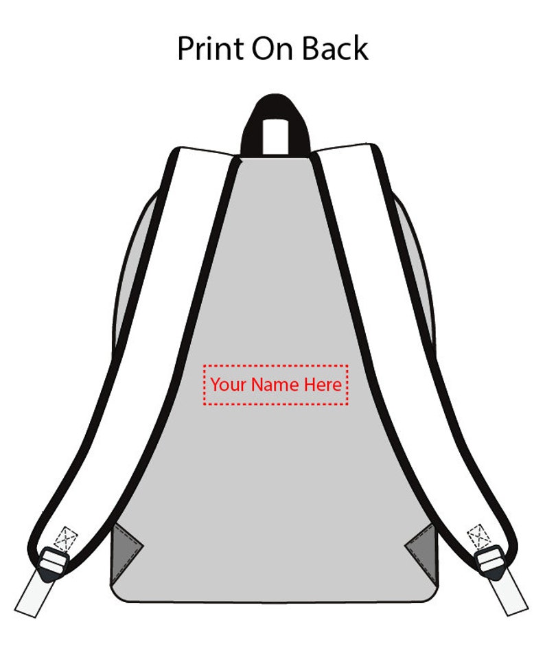 May include: A gray backpack with white adjustable straps. The backpack has a rectangular area on the back with the text "Your Name Here" in red.
