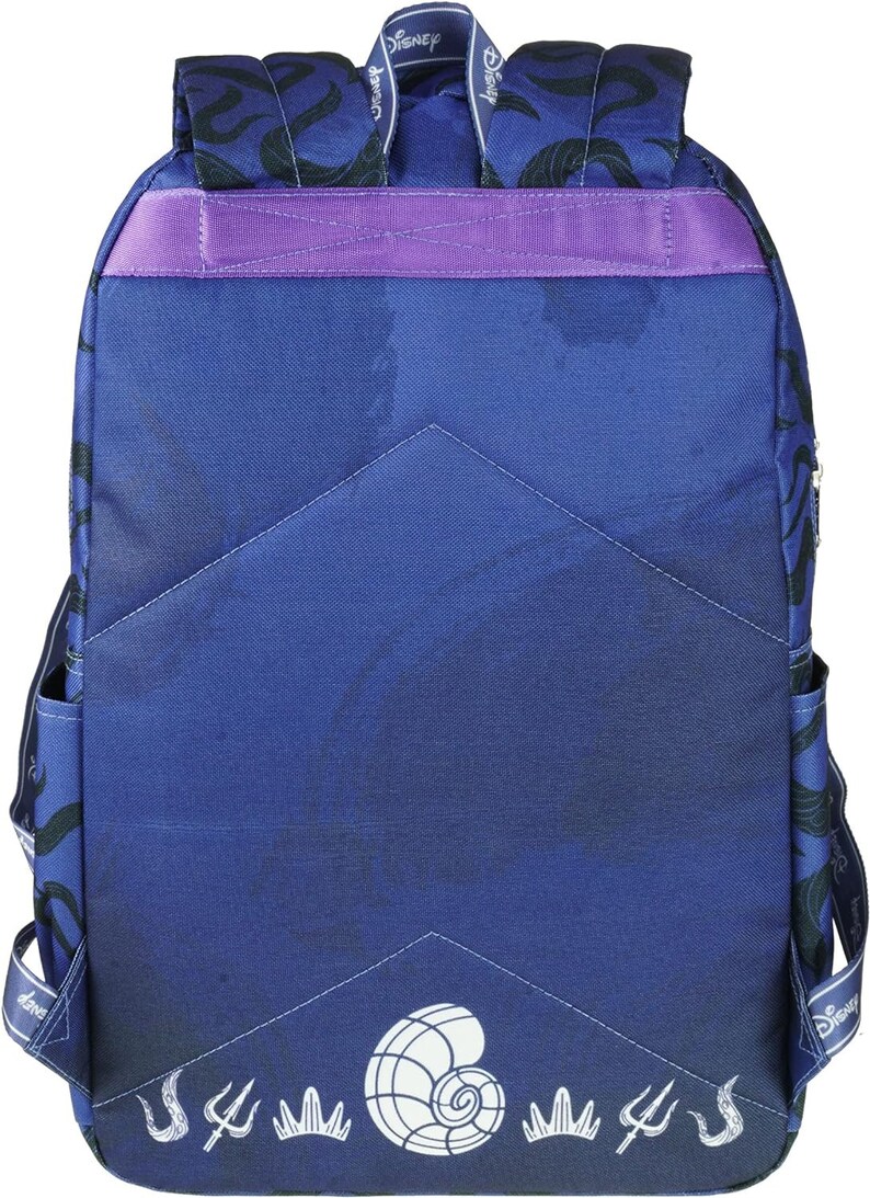 May include: A blue backpack with a purple strap and a white seashell design. The backpack has the word "Disney" printed on the straps.