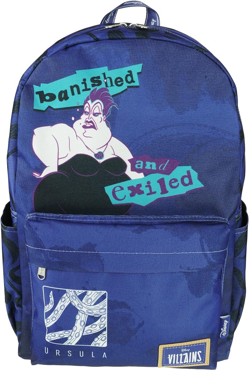 May include: A blue Disney Villains backpack featuring Ursula from The Little Mermaid. The backpack has a large image of Ursula with the text "banished and exiled" in a teal and white font. The bottom of the backpack has a smaller image of Ursula's tentacles with the word "Ursula" printed below. The backpack also has a brown leather patch with the text "Disney Villains" printed in white.