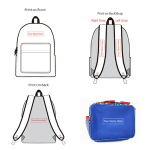 Puede incluir: Una mochila gris con una bolsa de almuerzo azul. Ambas tienen un espacio para la personalizaci&oacute;n con el texto "Your Name Here".