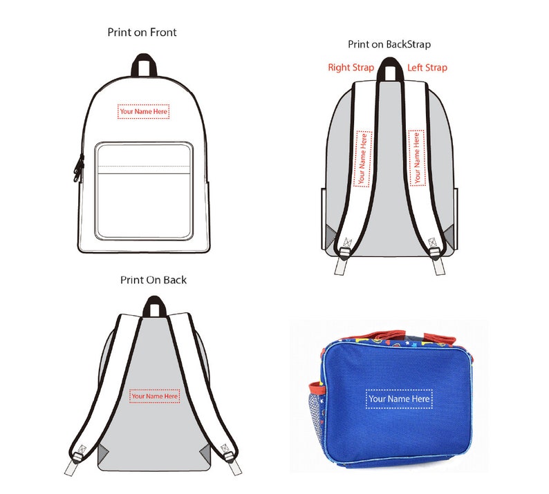 Puede incluir: Una mochila gris con una bolsa de almuerzo azul. Ambas tienen un espacio para la personalizaci&oacute;n con el texto "Your Name Here".