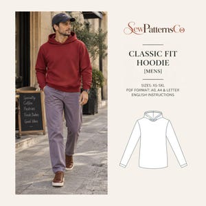 May include: A digital sewing pattern for a classic fit hoodie by SewPatternsCo. The document includes sizing from XS-5XL, PDF formats for A0, A4, and letter paper, and English instructions. A line drawing of the hoodie is displayed at the bottom.