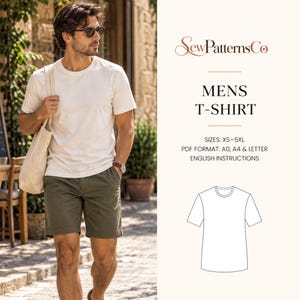 Könnte beinhalten: Ein Schnittmuster für ein T-Shirt von SewPatternsCo. Der Text lautet MENS T-SHIRT, SIZES: XS-5XL, PDF FORMAT: A0, A4 & LETTER, ENGLISH INSTRUCTIONS. Eine Strichzeichnung eines kurzärmeligen T-Shirts ist unter den Informationen abgebildet.