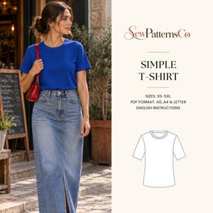 Könnte beinhalten: Ein königsblaues T-Shirt mit kurzen Ärmeln und Rundhalsausschnitt. Der Text lautet SewPatternsCo, SIMPLE T-SHIRT, SIZES: XS-5XL, PDF FORMAT: A0, A4 & LETTER, ENGLISH INSTRUCTIONS. Eine schwarz-weiße Strichzeichnung des T-Shirts ist enthalten.