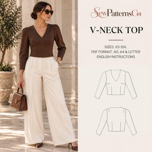 Könnte beinhalten: Ein braunes langärmeliges V-Ausschnitt-Oberteil mit taillierter Passform und cremefarbener weiter Hose. Das Bild enthält den Text: SewPatternsCo V-NECK TOP, SIZES: XS-5XL, PDF FORMAT: A0, A4 & LETTER, ENGLISH INSTRUCTIONS, sowie eine Skizze.