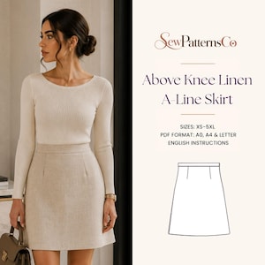 May include: A sewing pattern for an above-knee linen A-line skirt by SewPatternsCo. The image displays a beige skirt, a technical line drawing of the skirt, and text listing sizes XS-5XL, PDF formats A0, A4, and Letter, and English instructions.