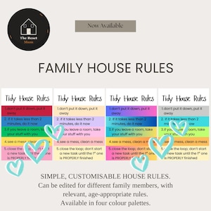 May include: A digital graphic displaying four variations of a list titled Family House Rules and Tidy House Rules. Each list contains five numbered instructions regarding household organization, presented in four distinct color-coded palettes.