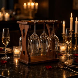 May include: A dark brown wooden wine glass rack designed to hold four stemmed glasses in an inverted position. The rack features a rectangular base and top connected by two vertical supports with cutout details, holding clear glass wine stems.