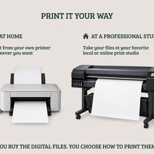 May include: A graphic showing two printing options with the text PRINT IT YOUR WAY. On the left, a home printer with the text AT HOME and instructions. On the right, a large format professional printer with the text AT A PROFESSIONAL STUDIO.