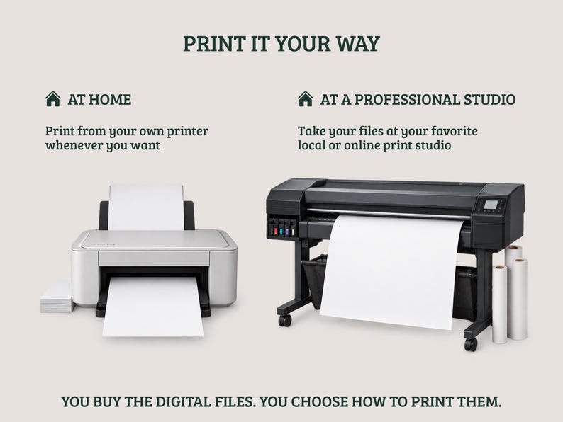 May include: A graphic showing two printing options with the text PRINT IT YOUR WAY. On the left, a home printer with the text AT HOME and instructions. On the right, a large format professional printer with the text AT A PROFESSIONAL STUDIO.