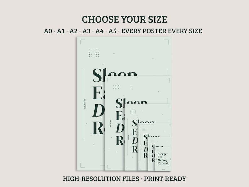 May include: A series of five nested light green posters featuring the dark green text Sleep, Eat, Debug, Repeat. The top text reads CHOOSE YOUR SIZE A0, A1, A2, A3, A4, A5 EVERY POSTER EVERY SIZE. The bottom text reads HIGH-RESOLUTION FILES PRINT-READY.
