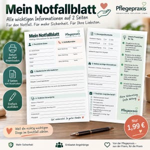 Peut inclure: Un formulaire d'information d'urgence de deux pages intitulé Mein Notfallblatt avec des sections pour les données personnelles, les contacts d'urgence, les antécédents médicaux et les prestataires de soins. Il inclut des cases à cocher pour les documents légaux et des listes de contrôle.